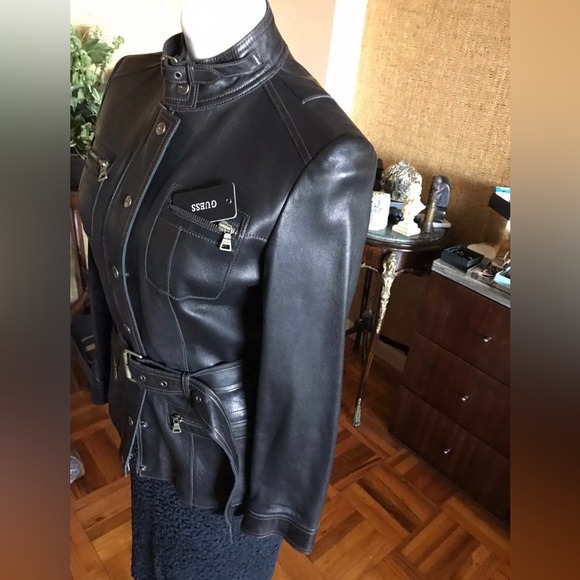 SOLD. NWT GUESS GENUINE LEATHER JACKET with BELT Size M - Picture 15 of 15